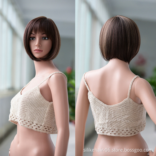 Ombre Ash Blonde Color Machine Made Short Bob Wigs With Bangs For Black Women Daily Use Heat Resistant Synthetic Wig